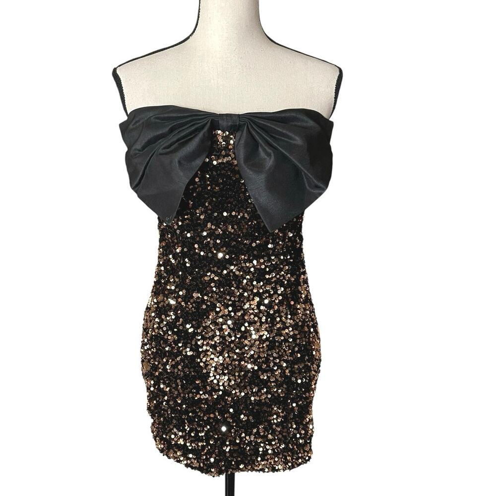 Thirty/Thirty Black Gold Sequin Size M Strapless Bow Mini Dress Glam Coquette